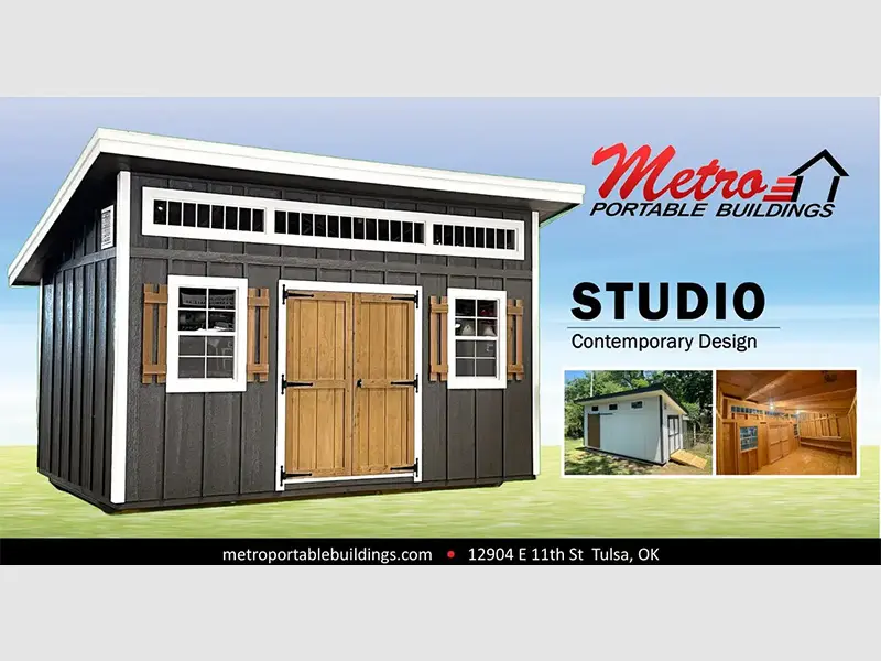 A picture of the front of a studio shed.