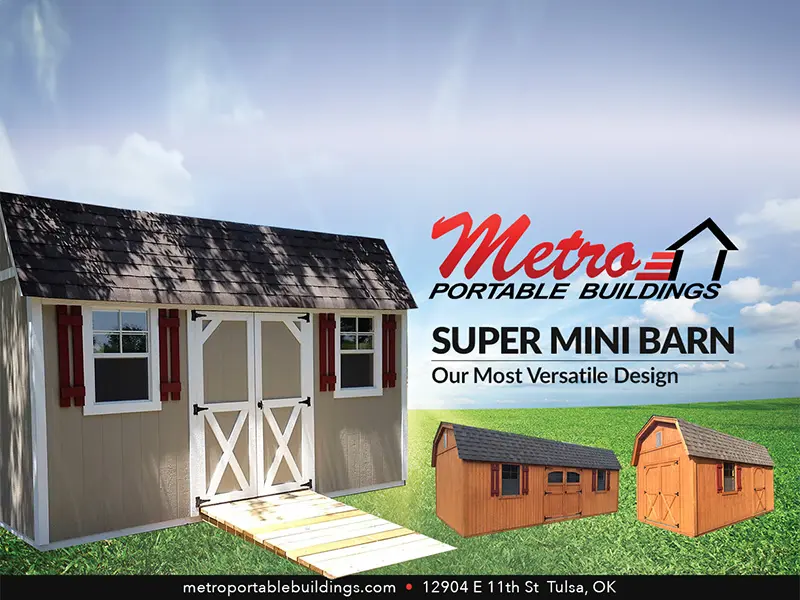 A picture of the front of a mini barn.