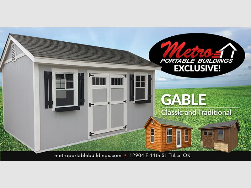 A picture of the front of a metro portable buildings gable shed.