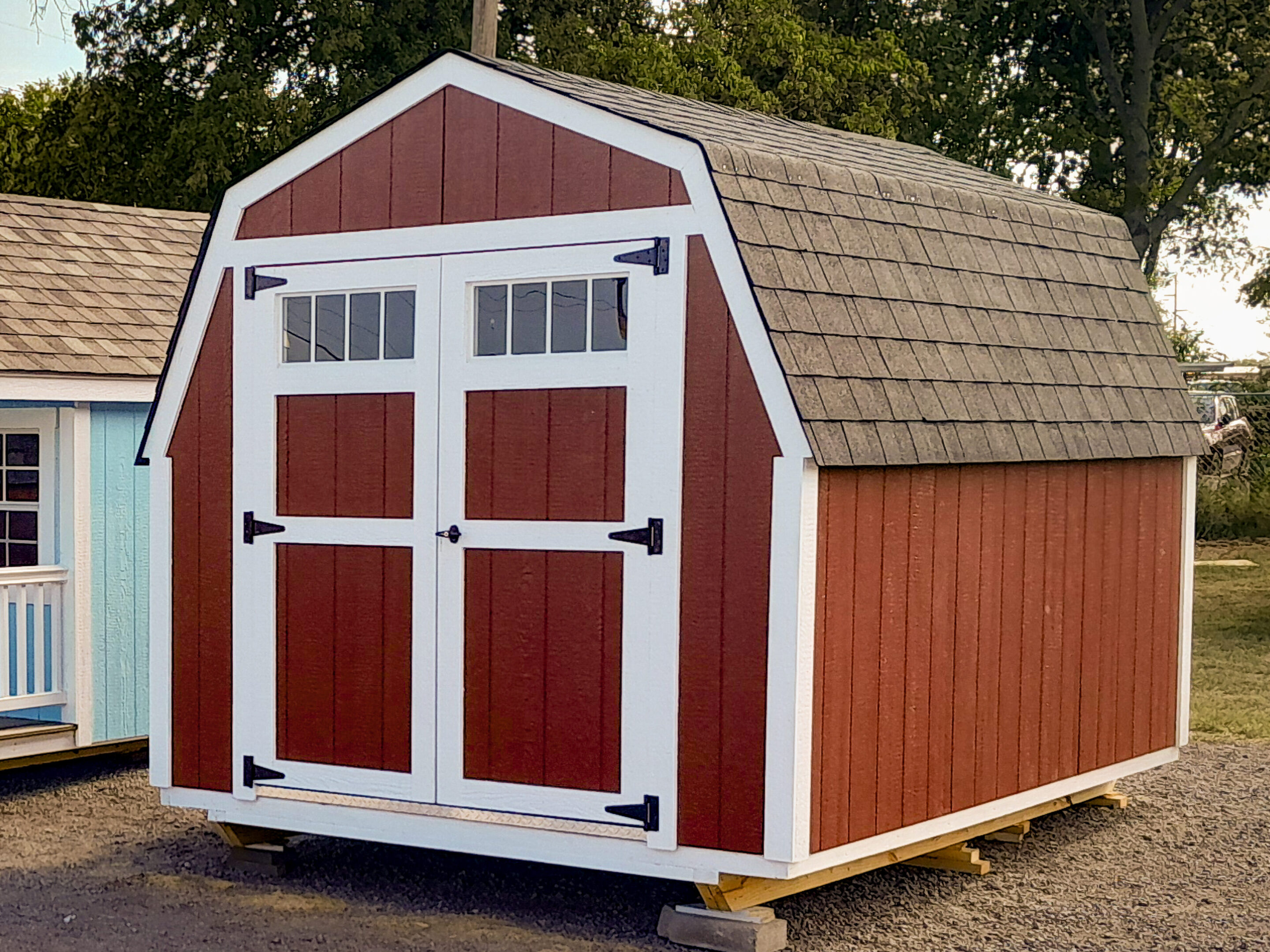 red and white 8x12 Mini Barn shed